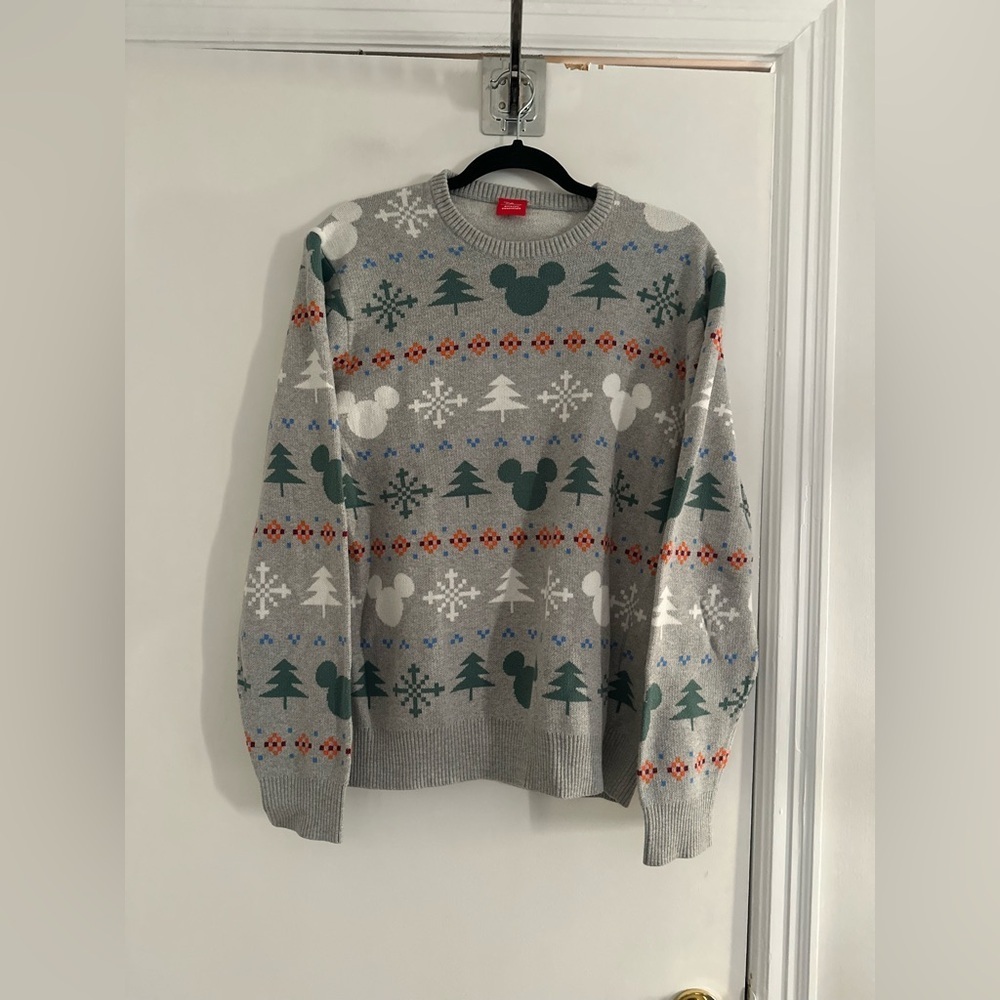 Disney Mickey Mouse Fair Isle Sz:L AOP Crew Neck Sweater Christmas Holiday.